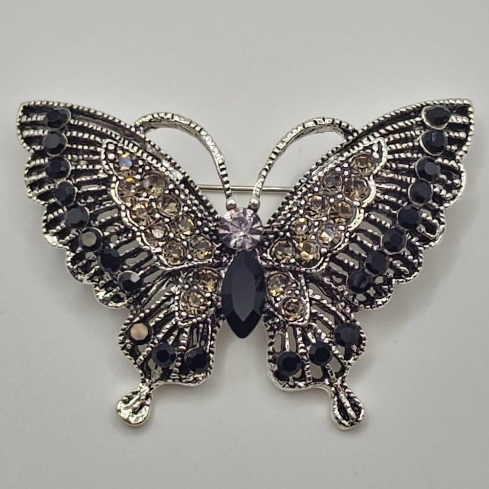 Black Rhinestone Butterfly Brooch on Silver Tone Metal Goth